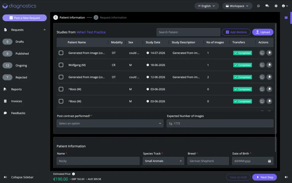 Veheri Diagnostics case request workspace