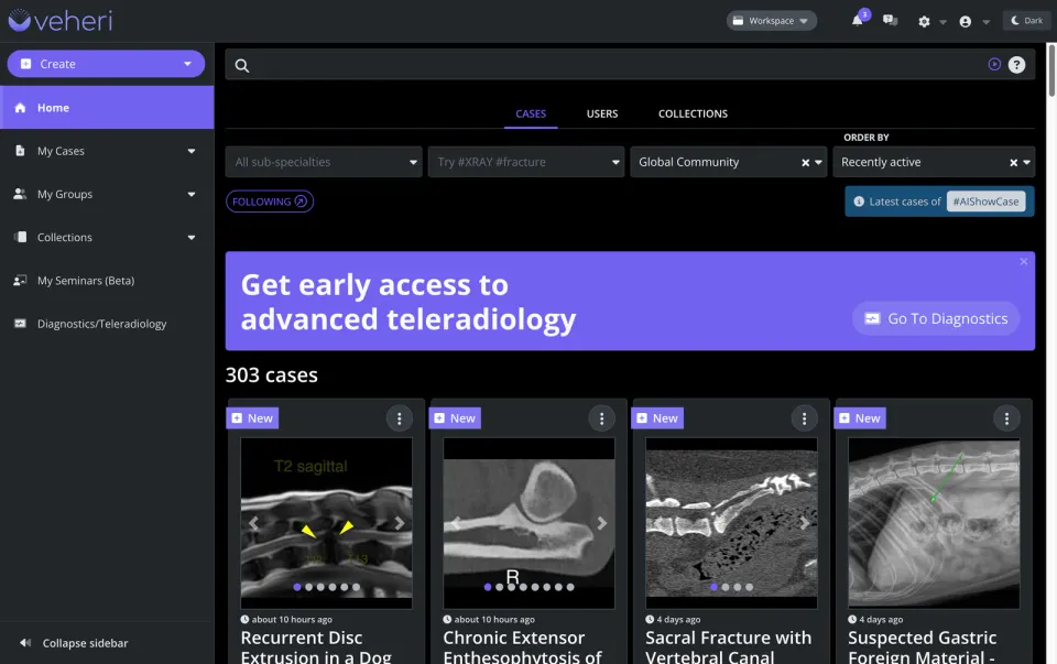 Veheri community workspace with anonymised imaging cases